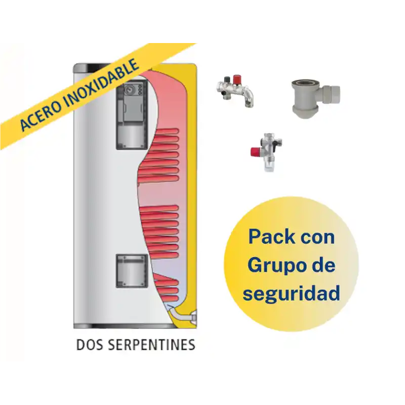 Envío Inmediato Pack Acumulador con 2 Serpentines ACS LAPESA GEISER INOX GX300M2 + Grupo de seguridad