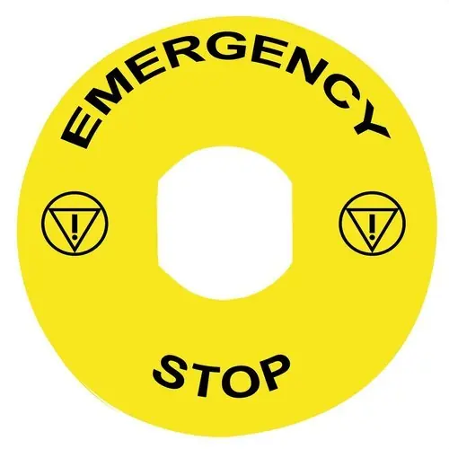 ETIQUETA CIRCULAR PULSADOR SETA "EMERGENCY STOP" 90mm Económico