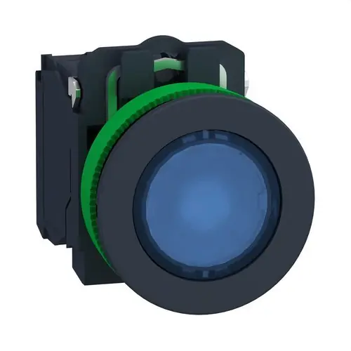 PULSADOR LUMINOSO XB5 MONTAJE ENRASADO AZUL LED 120V AC 1 NA+1 NC COLOR NEGRO Alta Calidad